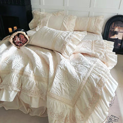 Rose Embossing Quilted Duvet Cover Set Vintage Lace Ruffles Pure Cotton Bedding Set Bed Sheet/Bed Skirt/Fitted Sheet Pillowcases