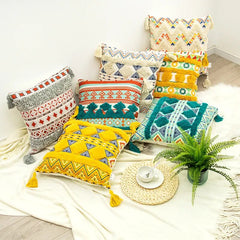 Throw Pillow Cover Bohemian Traditional Culture Ethnic Ornament Floral with Tassels Throw Pillow Covers for  Sofa Home Decor