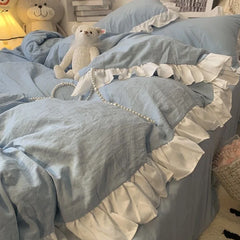 Blue Four-piece Set Celebrity Princess Style Ruffled Quilt Cover Bed Skirt Style Solid Color Three-piece Bedding Set