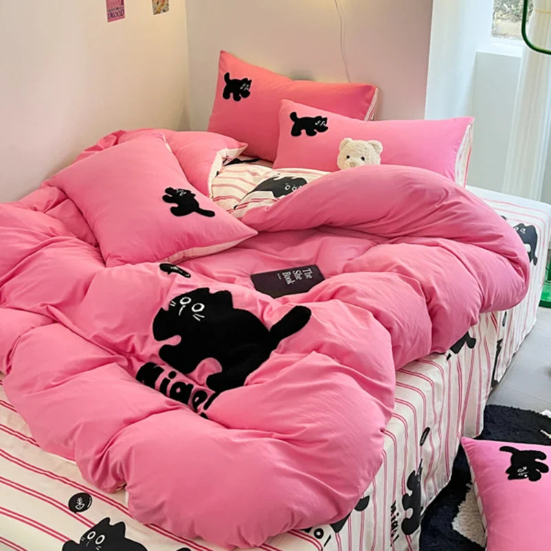 Ins Cartoon Panda Bedding Set Towel Embroidery Duvet Cover Queen Twin Full Size Grey Bed Flat Sheet Quilt Cover Pillowcases