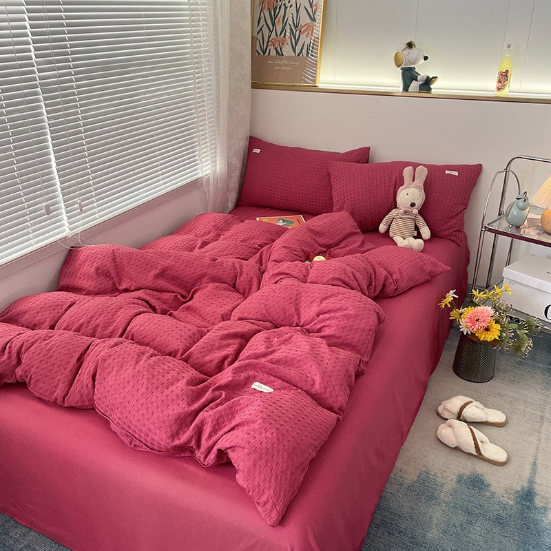 Korean Fashion Checker Four Piece Set Queen Bedding Set, Microfiber Quilt Cover Bed Sheet Set - No Comforter