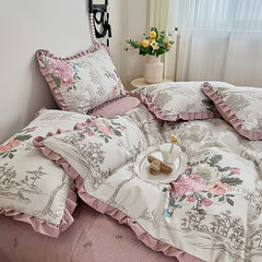 Korean Princess Style Ruffles Bedding Set Duvet Cover Set Flower Printing Quilt Cover Bed Sheet Or Fitted Sheet With Pillowcases