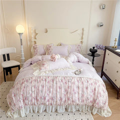 Princess Style Duvet Cover Sets with Lace Embroidery Bed Cover for Girls  Queen/King Size 이불커버 Soft Pink Bedding with Ruffles