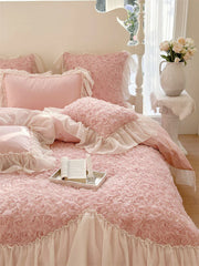 Three-Dimensional Rose Flowers Lace Ruffles Patchwork Bedding Set, Duvet Cover, Bed Sheet, Pillowcases, Pink, Egyptian Cotton