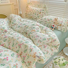 Ins Korean Style Duvet Cover Set with Flat Sheet Pillowcase No filler Washed Cotton Queen Full Twin Cute Floral Home Bed Linen