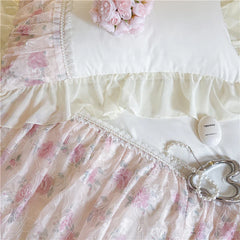 Flowers Lace Ruffles Princess Wedding Bedding Set Full Queen King Duvet Cover Bed Skirt/Bed Sheet/Fitted Sheet Pillowcases 4Pcs