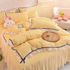 Checkered Bedding Set Bed Skirt Ruffle Lace Princess Style Girls Duvet Cover Simple Solid Color Home Textiles Decor Bedroom