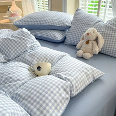 Japanese Style Duvet Cover Set No Filler Blue Plaid Pillowcase Flat Sheet Nordic Single Queen Size Bedding Set