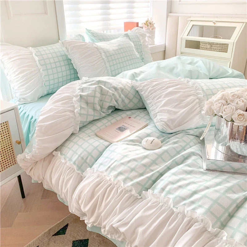 Korean Style Princess Bedding Set Luxury Pink Lattice Duvet Cover Ruffles Lace Bedspread Bed Sheet Pillowcases