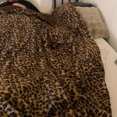 1pc Faux Rabbit Fur Leopard Print Double-layer Lunch Break Blanket, Sofa Couch Home Throw Blanket Nap Blanket