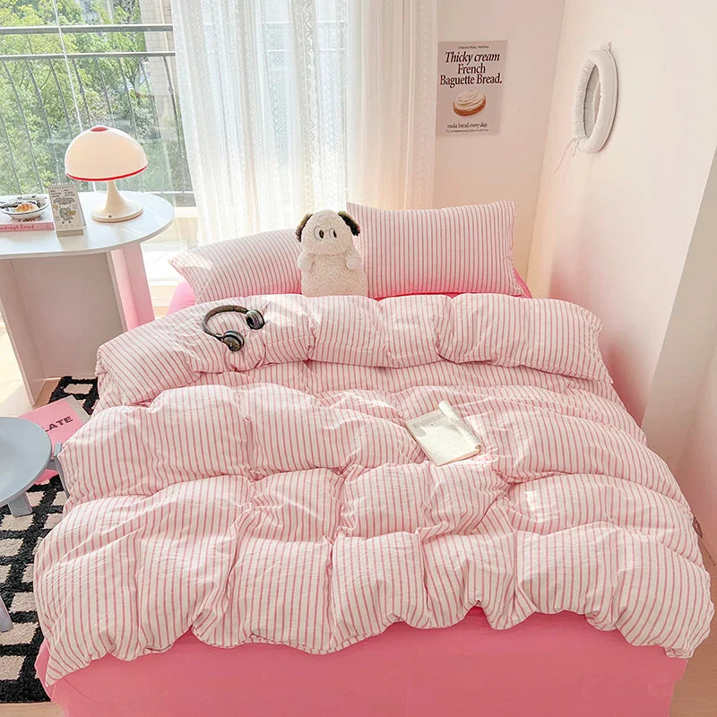 Stripe Style Duvet Cover Pillowcase with Bedsheet Soft Bed Linen Sets Skin-friendly Bedding Set for Home