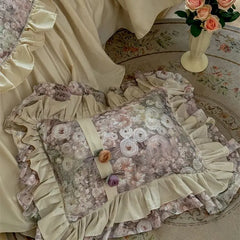 4/5Pcs Vintage French Style Flowers Pleated Lace Ruffles Bedding Set Egyptian Cotton Duvet Cover Bed Skirt Bed Sheet Pillowcases