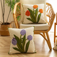 Pure Cotton EmbroideryTulip Spring Throw Pillow Covers 18x18 Set of 4 Outdoor Patio Cushion Cases Summer Garden Decorations Home