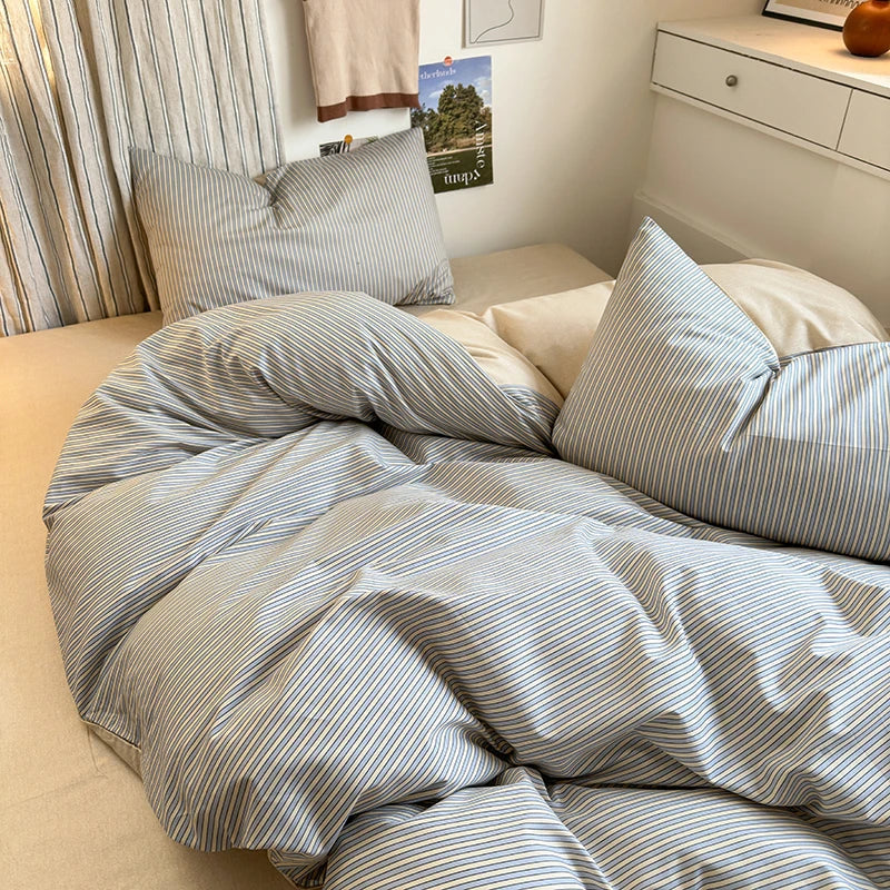 100% Cotton Stripe Style Duvet Cover Set 3-Piece (1 Duvet Cover + 2 Pillowcases),Minimalist Bedding Set for All Seasons