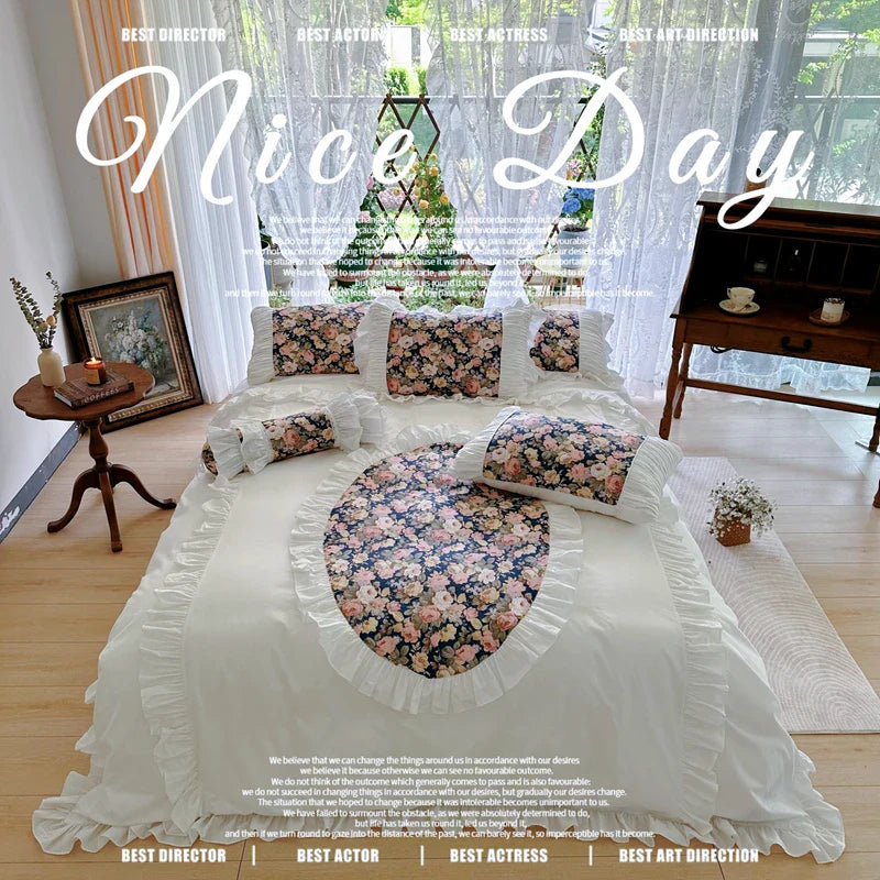100% Cotton Korean Princess Style Flowers Lace Ruffles Bedding Set Duvet Cover Set Bed Sheet/Fitted Sheet/Bed Skirt Pillowcases