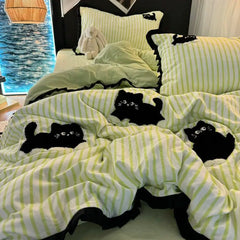 Pink Striped Cat Embroidery Bedding Set Korean Style Washing Cotton Cute Cardboard Duvet Cover Bed Sheet Pillowcases 3/4pcs