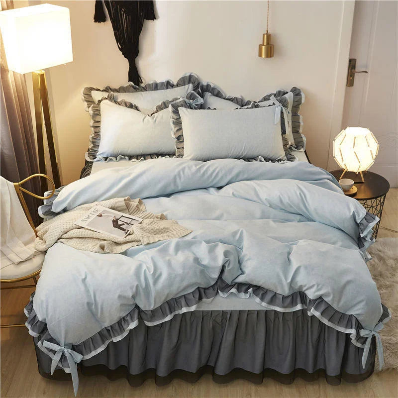 Luxury Black Princess Bedding Sets Kawaii Bed Skirt Sheet Pillowcase Fashion Girl Duvet Cover 4 Pieces Home Decoration