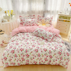 Cotton Home Textile Rose Floral Bedding Set Boy Girl Duvet Cover Flat Sheet Pillowcase Aesthetic Bedcloth Double Queen Bed Linen
