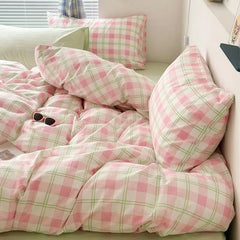 INS Pink Green Lattice Stripe Bedding Set Plaid Duvet Cover Soft Microfiber Bed Linen Twin Full Queen Size Grid Home Textiles