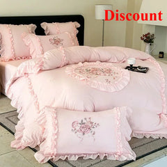 4Pcs Rose Flowers Embroidery Bedding Set Double King Queen Size Pink Girls Bedroom Duvet Cover Flat/Fitted Bed Sheet