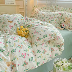 Ins Korean Style Duvet Cover Set with Flat Sheet Pillowcase No filler Washed Cotton Queen Full Twin Cute Floral Home Bed Linen