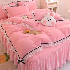 Checkered Bedding Set Bed Skirt Ruffle Lace Princess Style Girls Duvet Cover Simple Solid Color Home Textiles Decor Bedroom