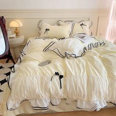 Korean Princess White Bedding Set For Women Double Ruffle Lace Duvet Cover Full Queen Solid Color Comfortable Falt Bed Sheet Set