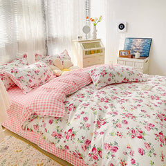 Cotton Home Textile Rose Floral Bedding Set Boy Girl Duvet Cover Flat Sheet Pillowcase Aesthetic Bedcloth Double Queen Bed Linen