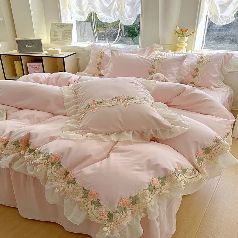 Korean Princess Style Flowers Lace Ruffles Duvet Covers Bed Skirt/Fitted Sheet Pillowcase Bedding For Girls Luxury Home Textiles