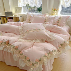 Korean Princess Style Flowers Lace Ruffles Duvet Covers Bed Skirt/Fitted Sheet Pillowcase Bedding For Girls Luxury Home Textiles