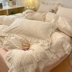 Korean Princess Style Flowers Lace Ruffles 100% Cotton Bedding Set Duvet Cover Bed Sheet/Fitted Sheet/Bed Skirt Pillowcases 4Pcs
