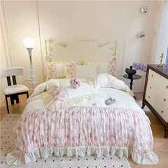 Flowers Lace Ruffles Princess Wedding Bedding Set Full Queen King Duvet Cover Bed Skirt/Bed Sheet/Fitted Sheet Pillowcases 4Pcs