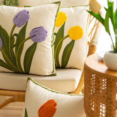 Pure Cotton EmbroideryTulip Spring Throw Pillow Covers 18x18 Set of 4 Outdoor Patio Cushion Cases Summer Garden Decorations Home