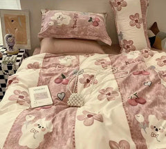 INS Pink Solid Color Bedding Set Girls Boys Single Double Size Flat Sheet Duvet Cover Pillowcase Bed Linens Home Textile