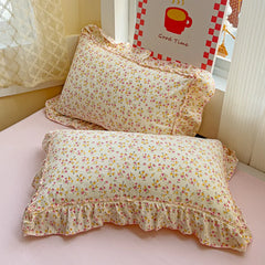 Korean Princess Style Floral Ruffles Bedding Set Washed Cotton Skin-friendly Soft Duvet Covers Set Bed Sheet Pillowcases 3/4Pcs