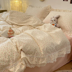 Korean Princess Style Flowers Lace Ruffles 100% Cotton Bedding Set Duvet Cover Bed Sheet/Fitted Sheet/Bed Skirt Pillowcases 4Pcs