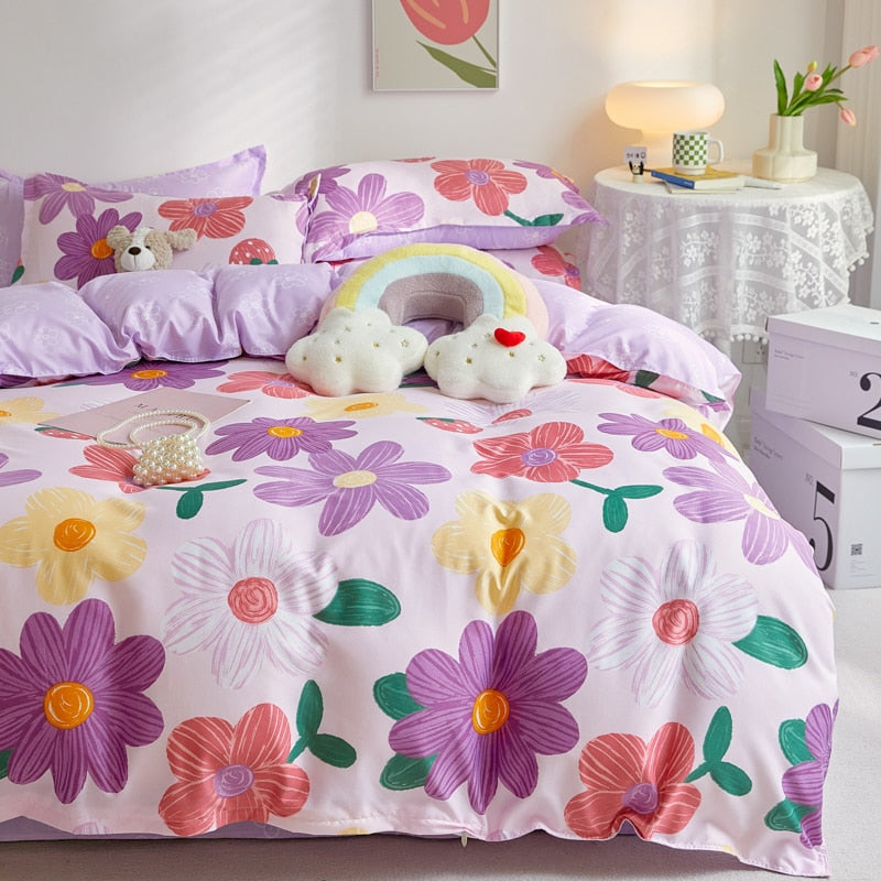 Cotton Home Textile Rose Floral Bedding Set Boy Girl Duvet Cover Flat Sheet Pillowcase Aesthetic Bedcloth Double Queen Bed Linen