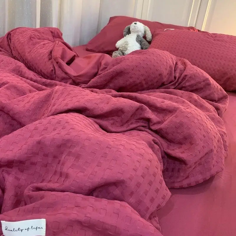 Bedding Set Luxury High Grade Light  Washable Cotton Waffle Four Piece  Olive Green Quilt Cover Bed Sheet Dormitory Three Piece