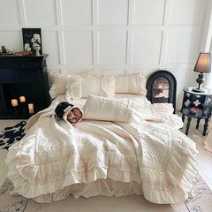 Rose Embossing Quilted Duvet Cover Set Vintage Lace Ruffles Pure Cotton Bedding Set Bed Sheet/Bed Skirt/Fitted Sheet Pillowcases