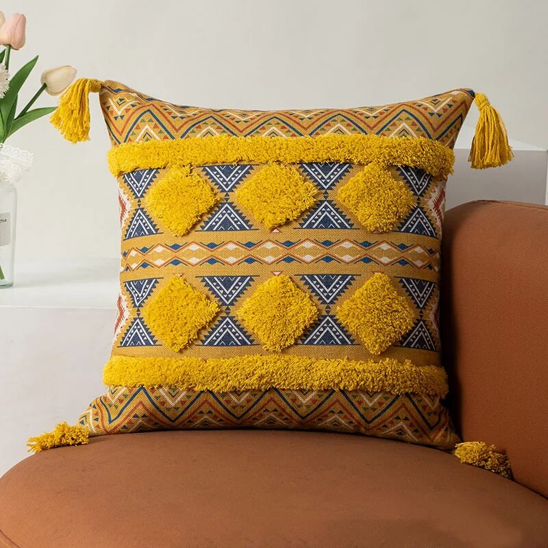 Throw Pillow Cover Bohemian Traditional Culture Ethnic Ornament Floral with Tassels Throw Pillow Covers for  Sofa Home Decor