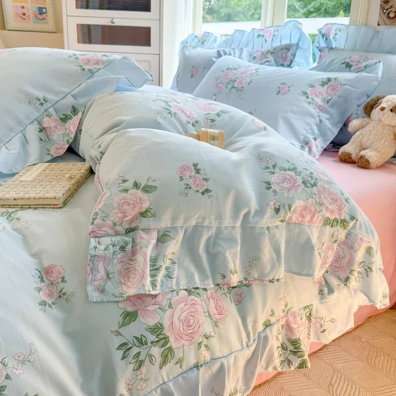 INS Floral Style Bedding Sets Ruffle Lace Bow Quilt Cover Romantic Bedclothes Decor Woman Girls Bedroom Duvet Cover 4pcs