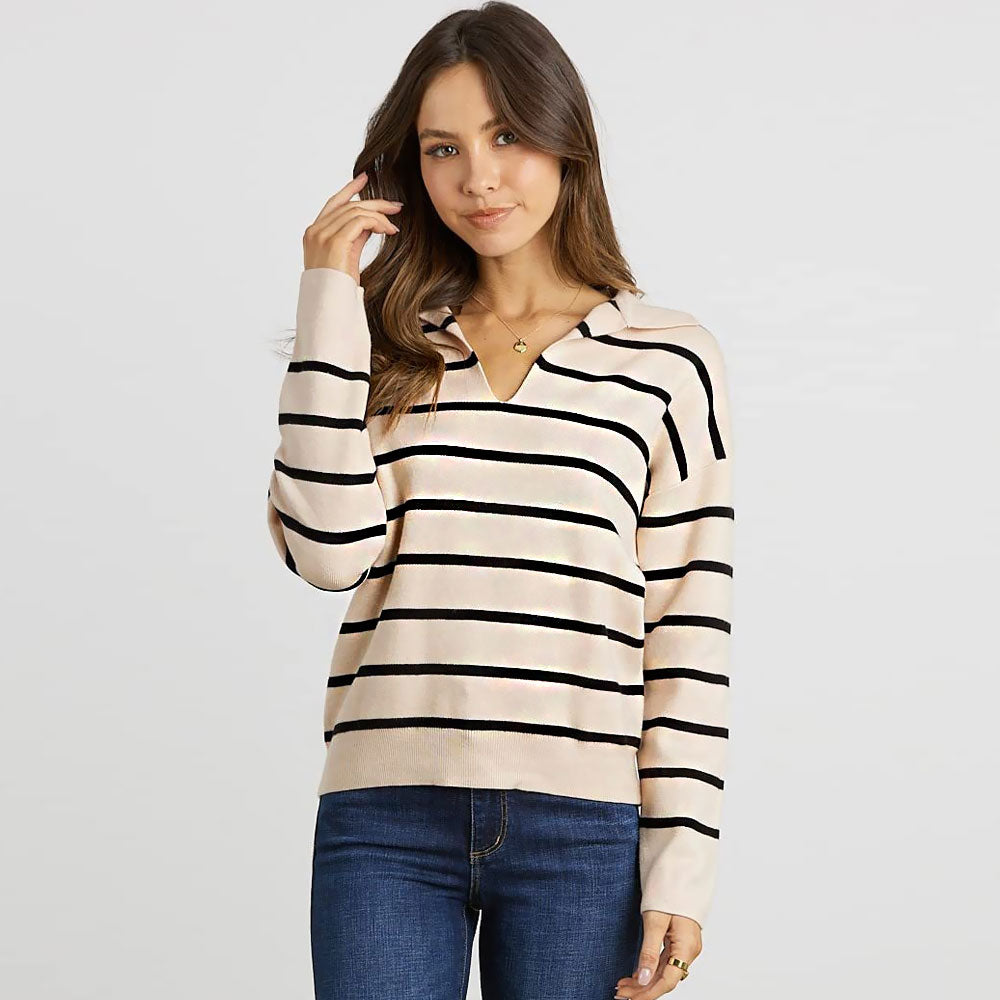 Airport Style Collared V Neck Apricot and White Striped Sweater