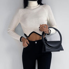 Asymmetric White Contrast Trim Turtleneck Rib Knit Cropped Sweater