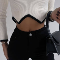 Asymmetric White Contrast Trim Turtleneck Rib Knit Cropped Sweater