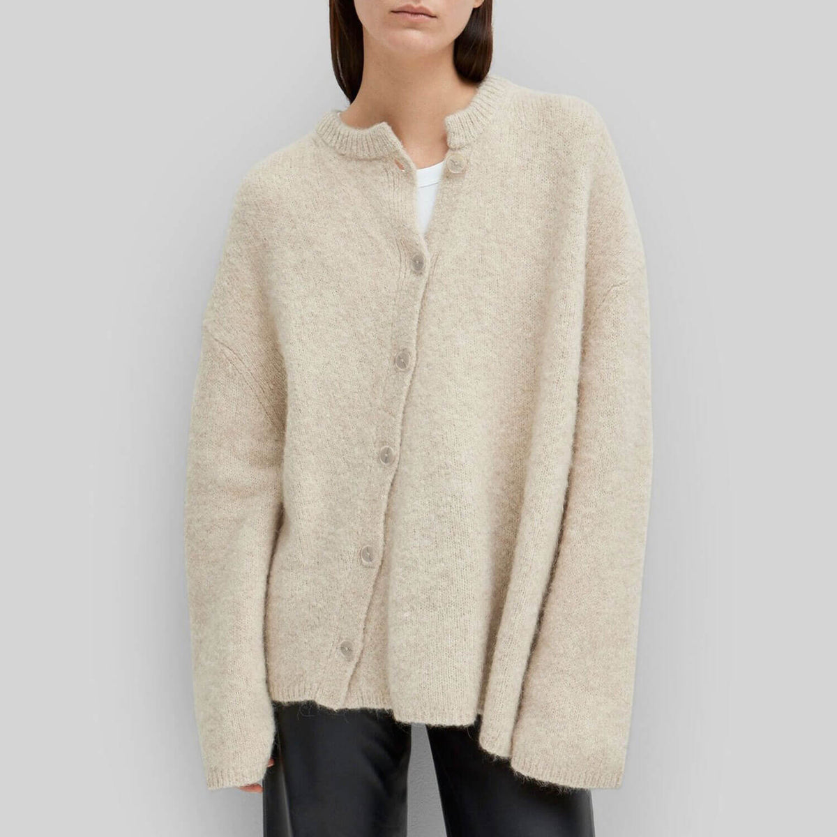 Asymmetrical Buttoned Crewneck Cashmere and Mohair Blend Oversized Knit Cardigan