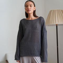 Athflow Roll Trim Crew Neck Drop Shoulder Sheer Knit Oversized Sweater