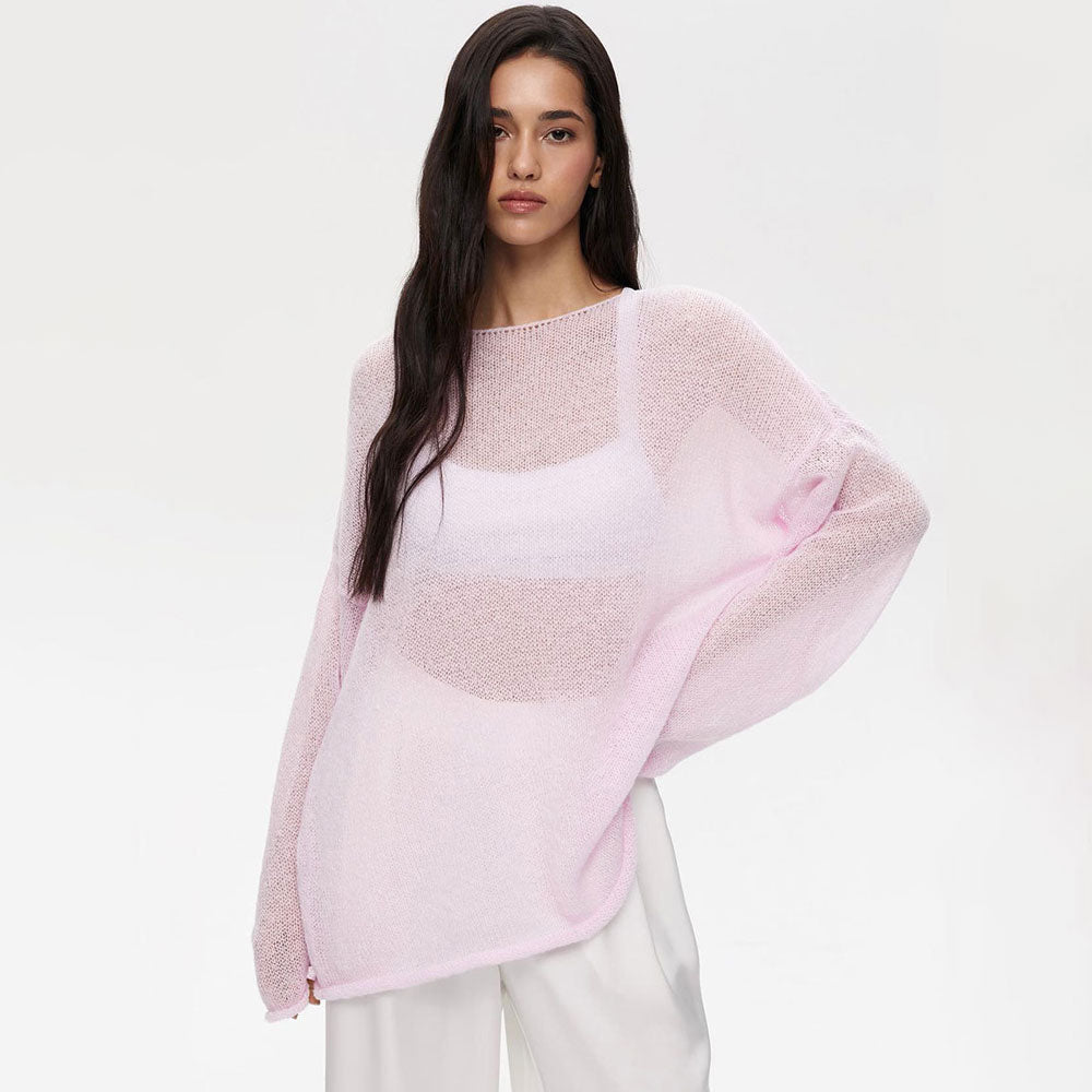 Athflow Roll Trim Crew Neck Drop Shoulder Sheer Knit Oversized Sweater