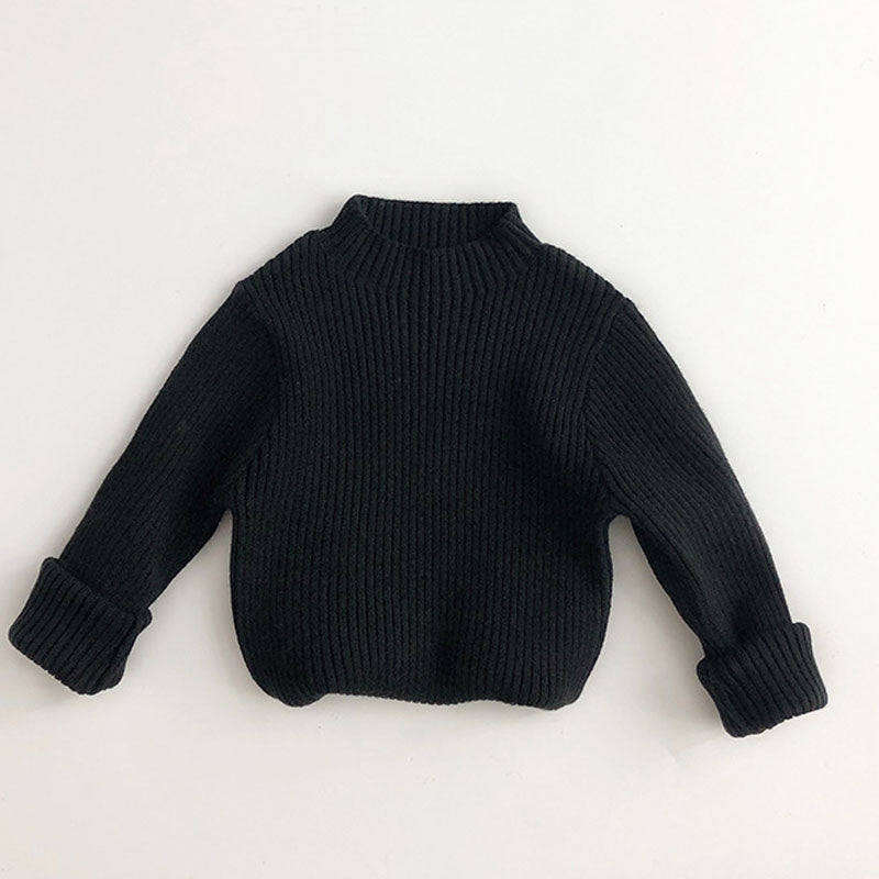 Basic Solid Color Mock Neck Long Sleeve Chunky Ribbed Knit Kids Pullover Sweater