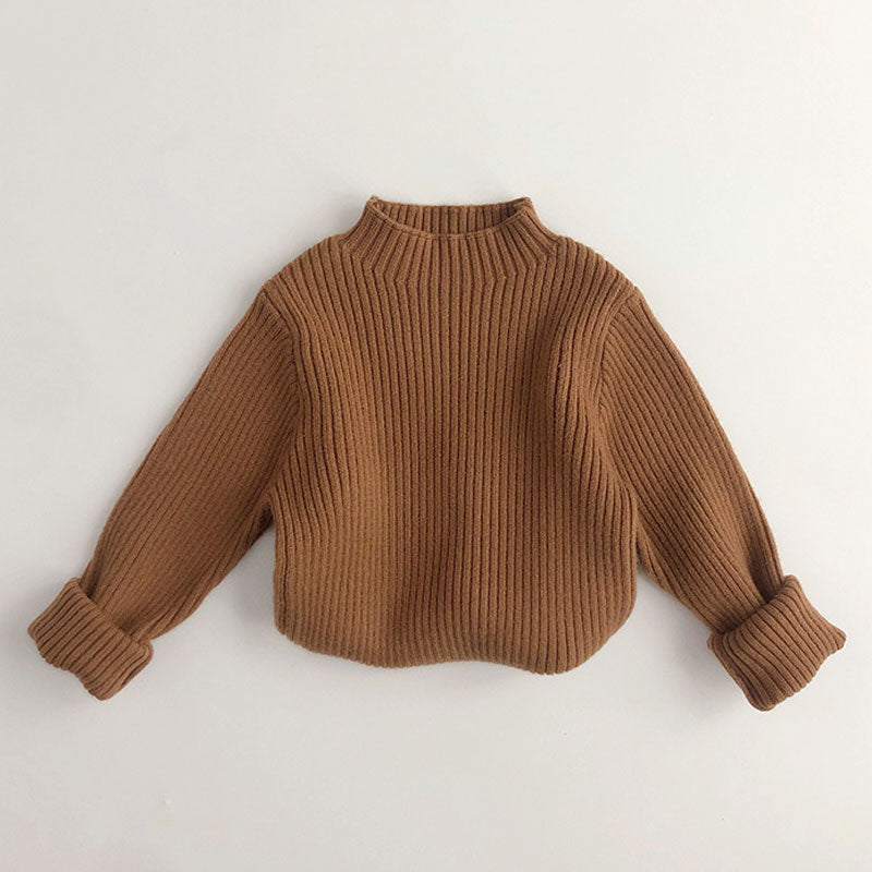 Basic Solid Color Mock Neck Long Sleeve Chunky Ribbed Knit Kids Pullover Sweater