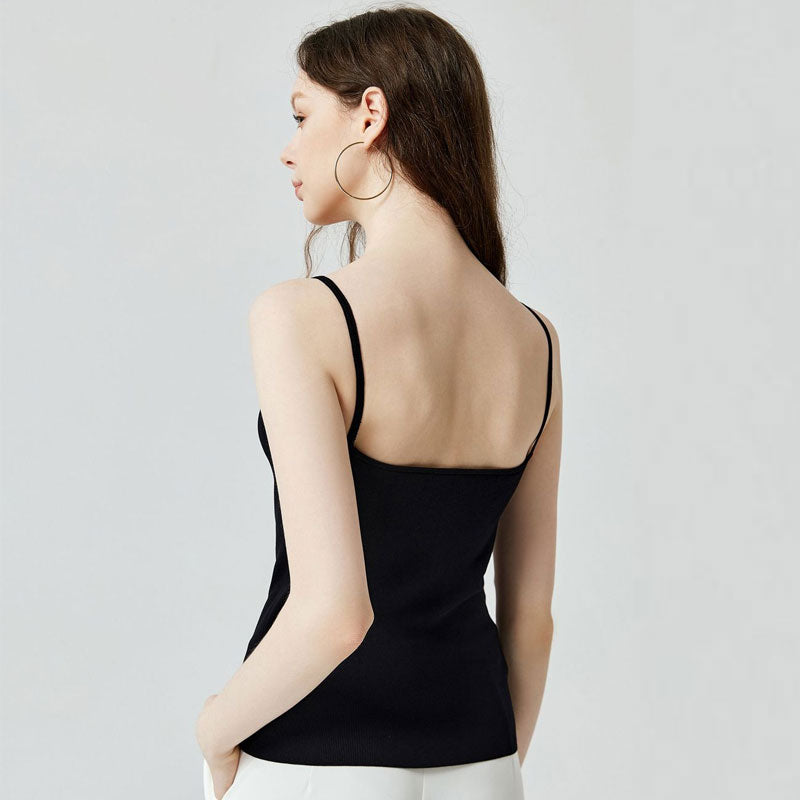 Basic Black Color Square Neck Cami Open Back Knit Top